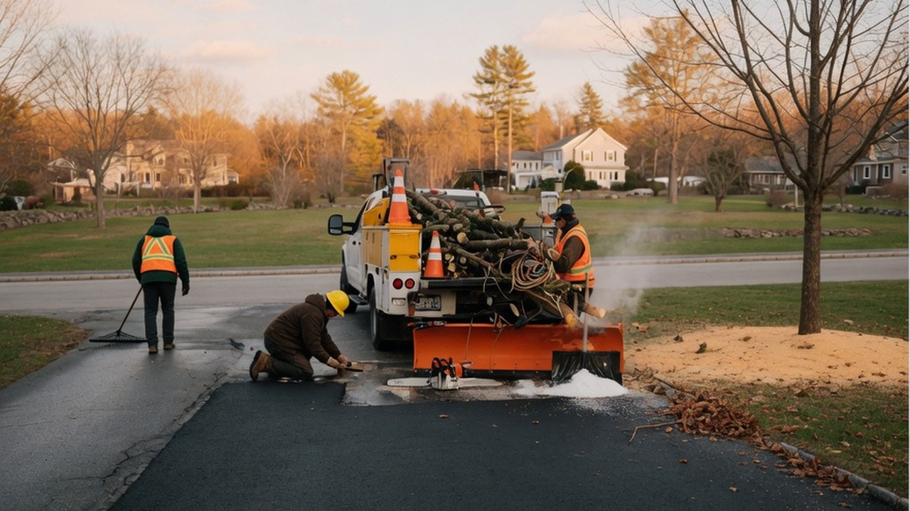 Three-person ACTS Services crew patching an asphalt driveway beside a truck loaded with cut logs in York, Maine